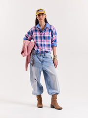 Bubblegum Pink & Blue Checkered Cropped Shirt
